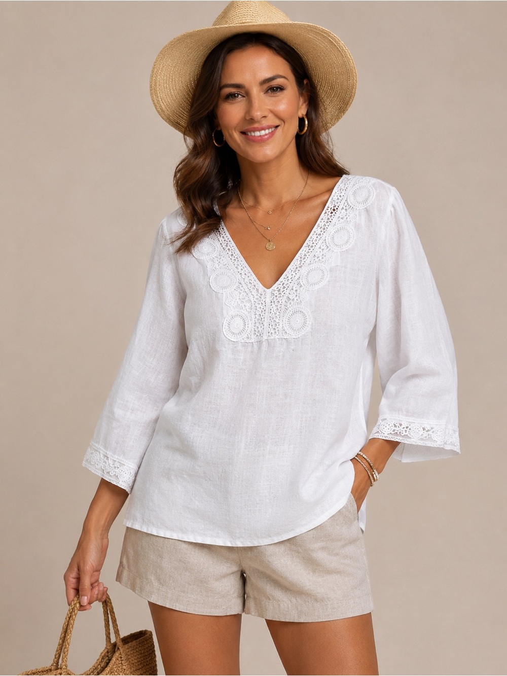 August Silk 100% Linen White Embroidered V-Neck Tunic Blouse Boho Sz L